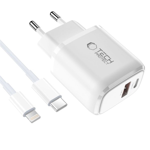TECH-PROTECT NCA20 2-PORT NETWORK CHARGER PD 20W / QC3.0 + LIGHTNING CABLE WHITE - Image 3
