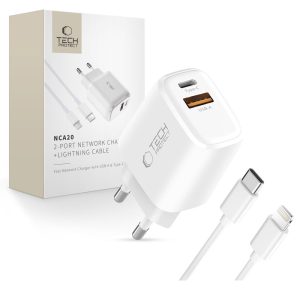 TECH-PROTECT NCA20 2-PORT NETWORK CHARGER PD 20W / QC3.0 + LIGHTNING CABLE WHITE