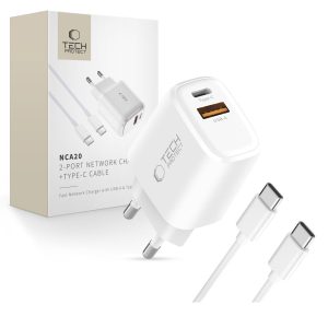 TECH-PROTECT NCA20 2-PORT NETWORK CHARGER PD 20W / QC3.0 + TYPE-C CABLE WHITE