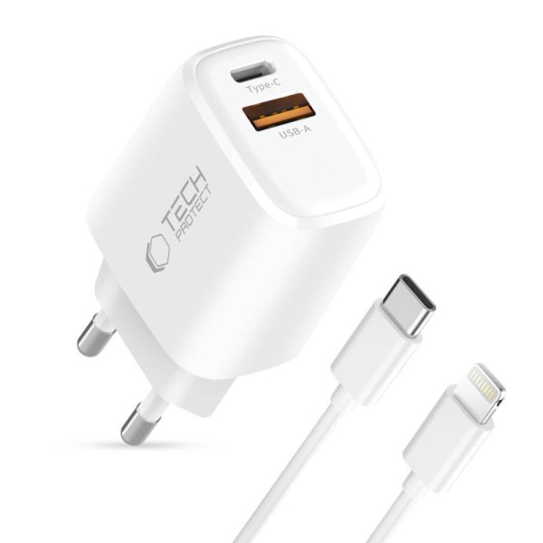 TECH-PROTECT NCA30 2-PORT NETWORK CHARGER PD 30W / QC3.0 + LIGHTNING CABLE WHITE - Image 2