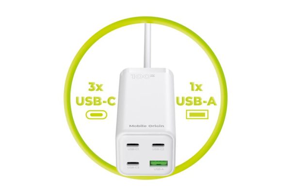 Mobile Origin GaN 100W Compact MultiHub Charger PW18 with 3x USB-C + USB-A (MO-100CMH-PW18) - Image 4
