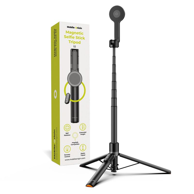 Μαύρο μαγνητικό selfie stick και τρίποδο Mobile Origin S2 με βάση MagSafe και τηλεχειριστήριο Bluetooth