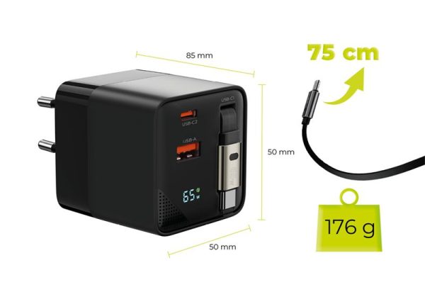 Mobile Origin 65W GaN Display Charger PW2 - USB-C Cable + USB-C + USB-A (MO-65WDCH-PW2) - Image 7