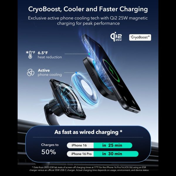 ESR OMNILOCK CRYOBOOST MAGNETIC MAGSAFE VENT CAR MOUNT WIRLESSS CHARGER QI2.2 25W BLACK - Image 3