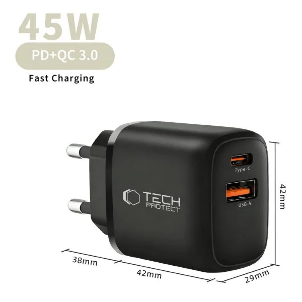 Φορτιστής Πρίζας Tech-Protect NCA45W-GAN 2-Port PD 45W / QC3.0 Black - Image 6