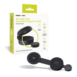 Μαύρος αναδιπλούμενος μαγνητικός φορτιστής 3-σε-1 Mobile Origin PW34 με τεχνολογία Qi2 25W