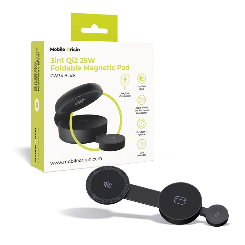 Μαύρος αναδιπλούμενος μαγνητικός φορτιστής 3-σε-1 Mobile Origin PW34 με τεχνολογία Qi2 25W