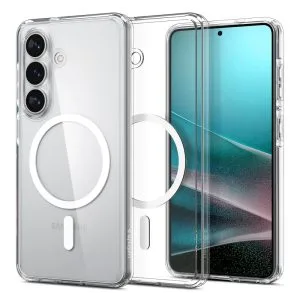 Διαφανής υβριδική θήκη Spigen Ultra Hybrid Mag MagSafe Clear White με λευκό μαγνητικό δακτύλιο για Samsung Galaxy S26