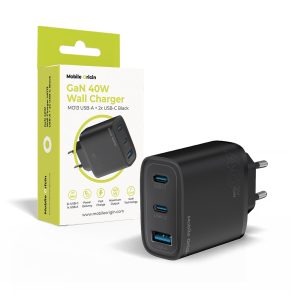 Μαύρος φορτιστής GaN 40W Mobile Origin MO13 με δύο θύρες USB-C και μία USB-A για ασφαλή ταχυφόρτιση