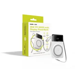 Λευκό PowerBank Mobile Origin PB15 20000mAh με MagSafe, LCD οθόνη και ενσωματωμένα καλώδια USB-C και Lightning