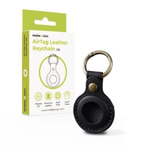 Μαύρο δερμάτινο μπρελόκ Mobile Origin AirTag Leather Keychain A6 με ατσάλινο κρίκο