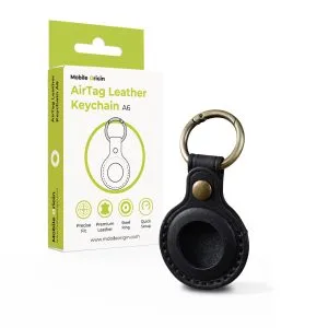 Μαύρο δερμάτινο μπρελόκ Mobile Origin AirTag Leather Keychain A6 με ατσάλινο κρίκο
