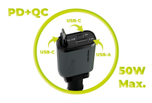 Mobile Origin 3in1 50W Car Charger CA27 με Retractable USB-C Cable – Space Gray (MO-CCH-CA27) - Image 11