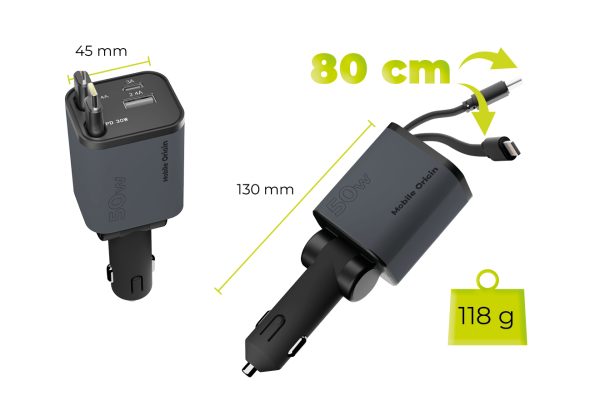 Mobile Origin 4in1 50W Car Charger CA28 με Retractable USB-C & Lightning Cables – Space Gray (MO-CCH-CA28) - Image 11