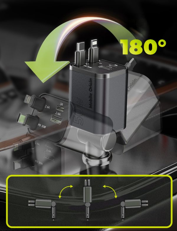 Mobile Origin 4in1 50W Car Charger CA28 με Retractable USB-C & Lightning Cables – Space Gray (MO-CCH-CA28) - Image 5