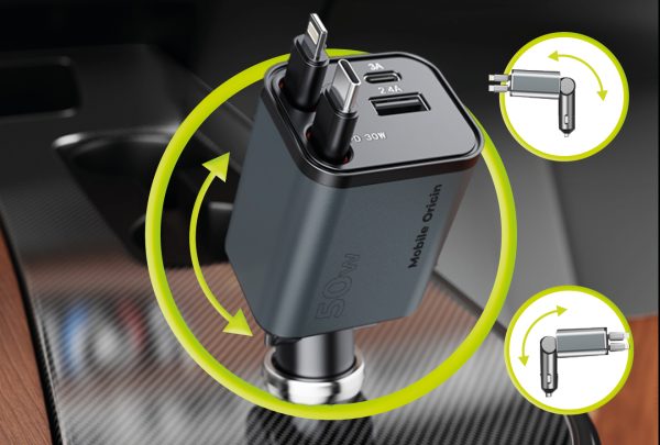 Mobile Origin 4in1 50W Car Charger CA28 με Retractable USB-C & Lightning Cables – Space Gray (MO-CCH-CA28) - Image 8