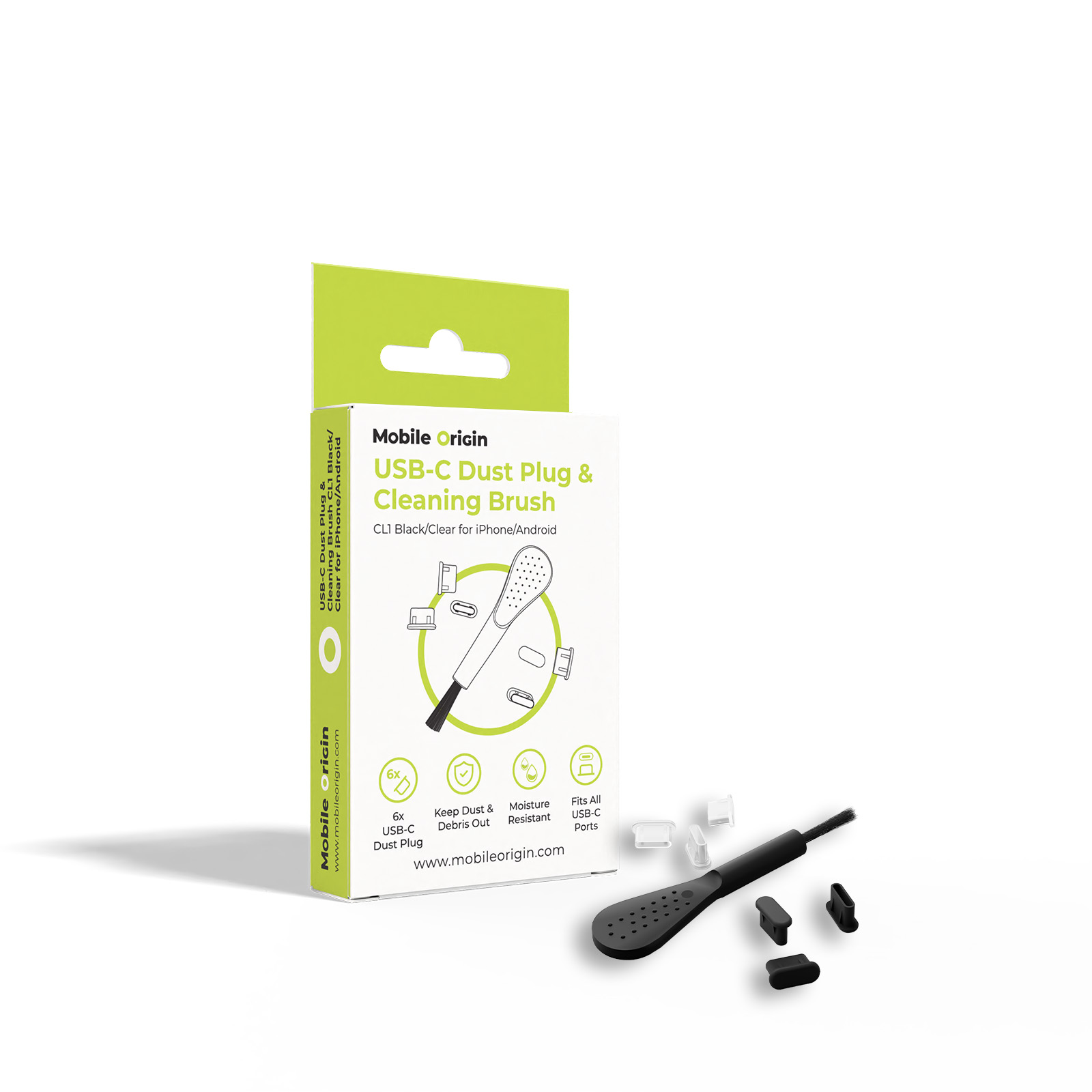 Σετ προστασίας Mobile Origin CL1 με μαύρες και διαφανείς τάπες USB-C και βουρτσάκι καθαρισμού