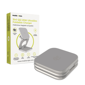 Ασημί αναδιπλούμενος ασύρματος φορτιστής Mobile Origin PW36 3-σε-1 με τεχνολογία Qi2 25W