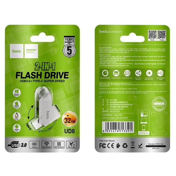 Hoco UD8 USB Flash Drive 32GB Dual USB 3.0 & USB-C – Nickel - Image 5