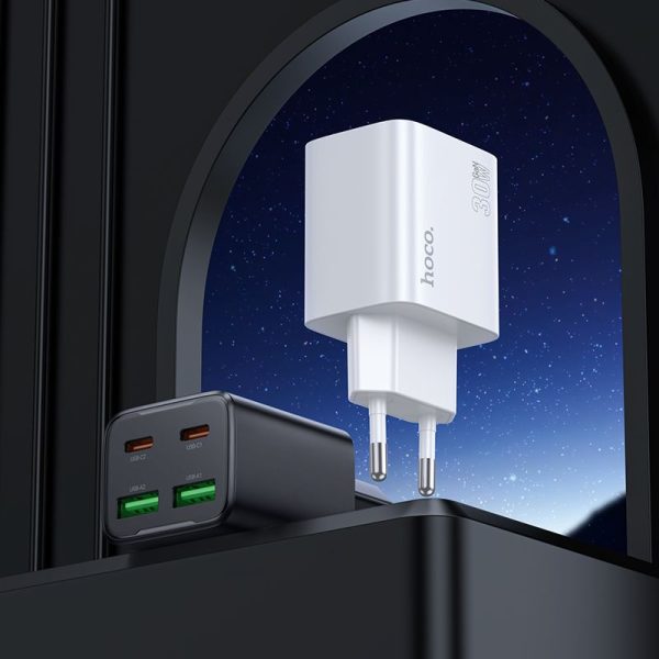Φορτιστής Πρίζας Hoco N56 2x USB-C & 2x USB-A PD/QC3.0 30W + Καλώδιο Type-C – White - Image 4