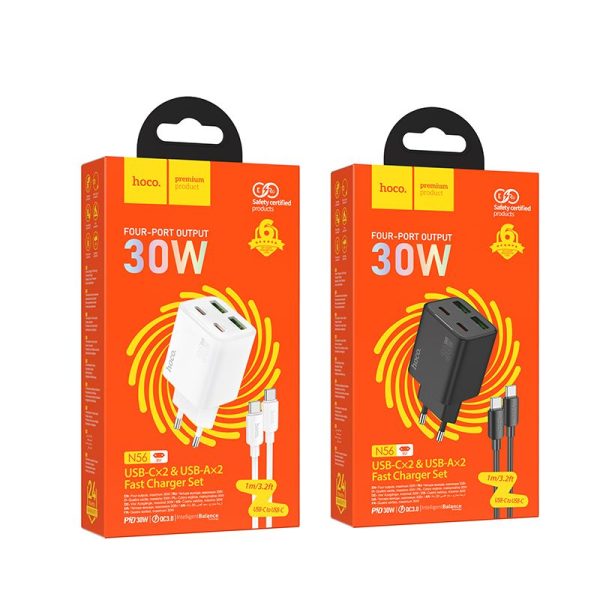 Φορτιστής Πρίζας Hoco N56 2x USB-C & 2x USB-A PD/QC3.0 30W + Καλώδιο Type-C – White - Image 6