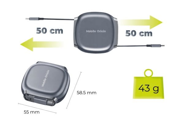 Mobile Origin 100W Retractable Cable Box USB-C to USB-C CB7 Space Grey