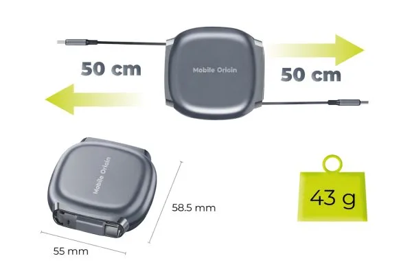 Mobile Origin 100W Retractable Cable Box USB-C to USB-C CB7 Space Grey