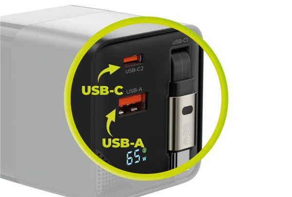 Mobile Origin 65W GaN Display Charger PW2 - USB-C Self-Retracting Cable + USB-C + USB-A