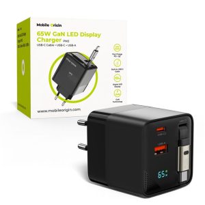 Mobile Origin 65W GaN Display Charger PW2 - USB-C Self-Retracting Cable + USB-C + USB-A