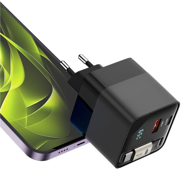 Mobile Origin 65W GaN Display Charger PW2 - USB-C Self-Retracting Cable + USB-C + USB-A