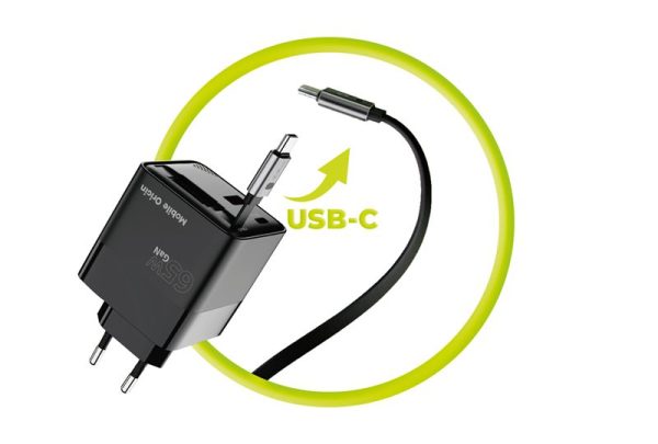 Mobile Origin 65W GaN Display Charger PW2 - USB-C Self-Retracting Cable + USB-C + USB-A