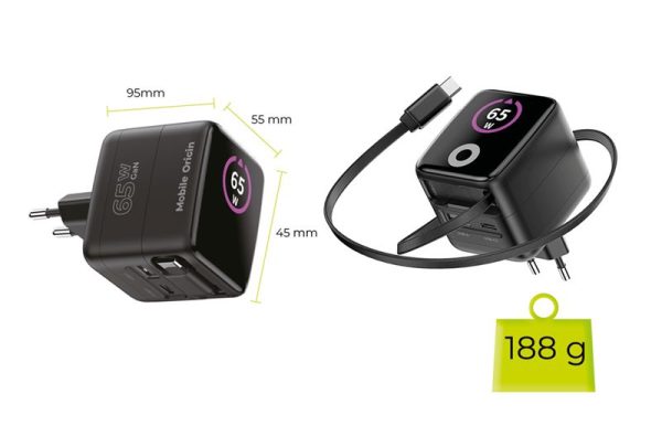 Mobile Origin 65W GaN Display Charger PW3 - USB-C Self-Retracting Cable + USB-C + USB-A