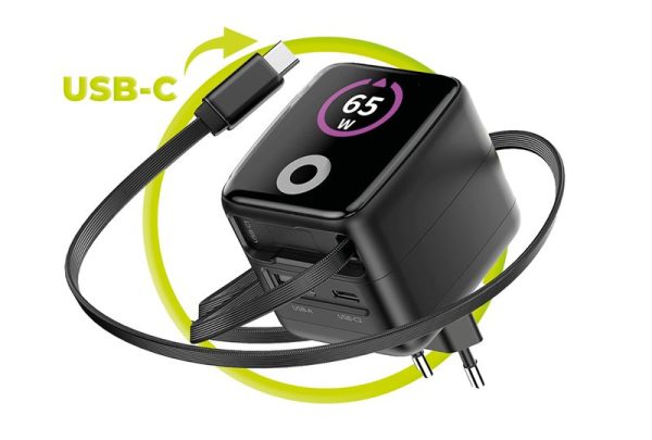 Mobile Origin 65W GaN Display Charger PW3 - USB-C Self-Retracting Cable + USB-C + USB-A