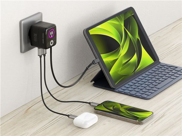 Mobile Origin 65W GaN Display Charger PW3 - USB-C Self-Retracting Cable + USB-C + USB-A