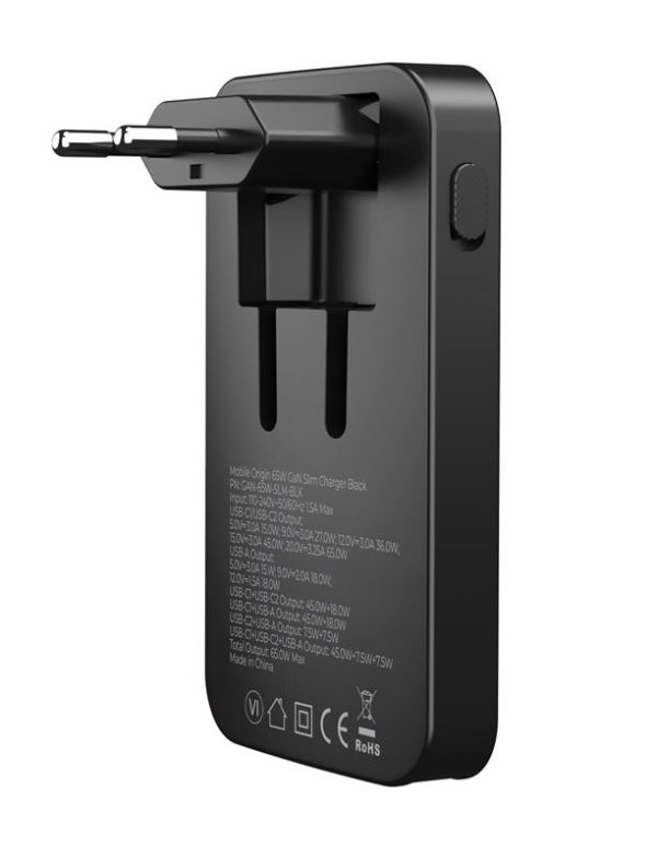 Mobile Origin 65W GaN III Slim Charger dual USB-C Single USB-A black