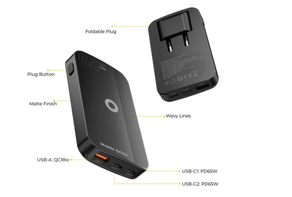 Mobile Origin 65W GaN III Slim Charger dual USB-C Single USB-A black