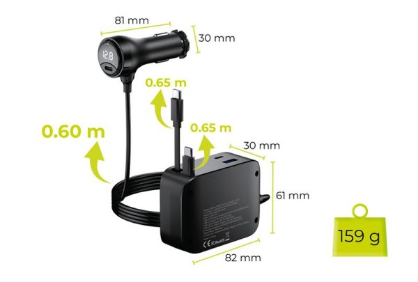 Mobile Origin 75W 5in1 Car Charger CA23 - 2x USB-C + USB-A Port 2x USB-C Cable