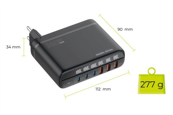 Mobile Origin GaN 140W Travel Charger Hub PW12 EU/UK/US 3x USB-C + 3x USB-A