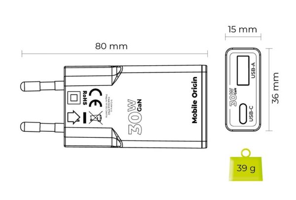 Mobile Origin GaN 30W Slim Charger TÜV MO16 - USB-A + USB-C