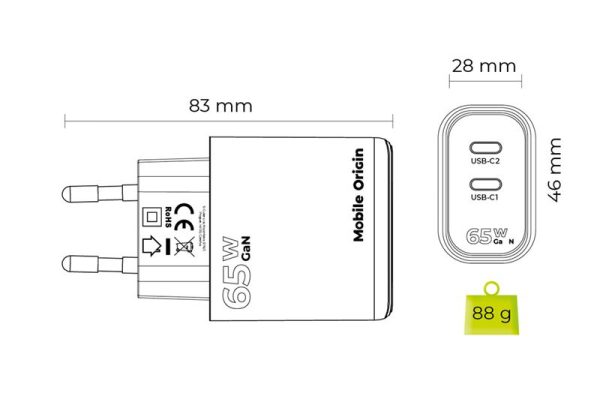 Mobile Origin GaN 65W Charger TÜV MO19 - Dual USB-C