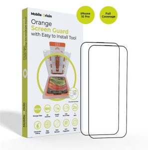 Mobile Origin Orange Screen Guard iPhone 15 Pro with easy applicator 2 pack