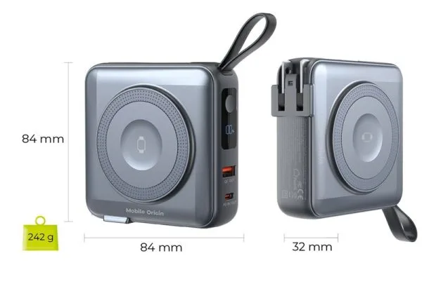 Mobile Origin PowerBank & Travel Charger Lightning/USB-C Cable MagSafe/AW/iPhone Compatible grey
