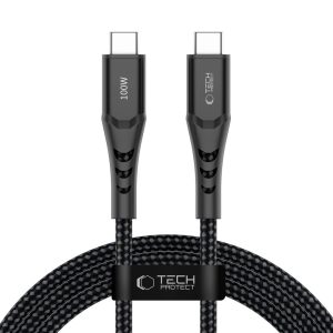 Μαύρο ενισχυμένο καλώδιο USB-C σε USB-C Tech-Protect Ultraboost UB11T 100W μήκους 2 μέτρων με υφασμάτινη πλέξη