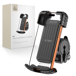 Μαύρη στιβαρή βάση κινητού Tech-Protect V7 για ποδήλατο και μοτοσυκλέτα με μηχανισμό γρήγορης ασφάλισης και απόσβεση κραδασμών