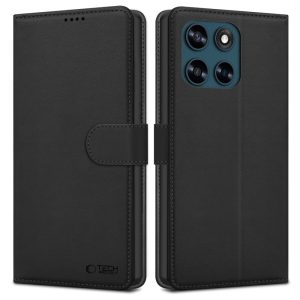 Μαύρη θήκη πορτοφόλι Tech-Protect Wallet από οικολογικό δέρμα για Motorola Moto G57 Power και G67 Power με μαγνητικό κούμπωμα