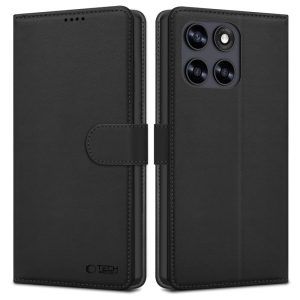 Μαύρη θήκη πορτοφόλι Tech-Protect Wallet από οικολογικό δέρμα για Motorola Moto G67 και G77 με μαγνητικό κούμπωμα