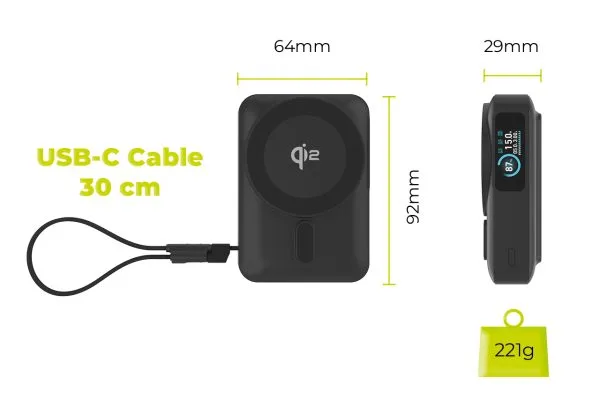 Mobile Origin 10000 mAh Qi2 TFT Display Semi-solid PowerBank PB19 - USB-C Cable Black