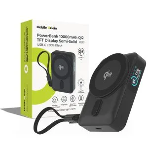 Mobile Origin 10000 mAh Qi2 TFT Display Semi-solid PowerBank PB19 - USB-C Cable Black