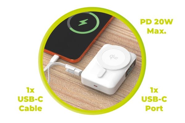 Mobile Origin 10000 mAh Qi2 TFT Display Semi-solid PowerBank PB19 - USB-C Cable White