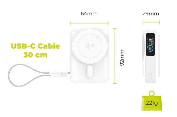 Mobile Origin 10000 mAh Qi2 TFT Display Semi-solid PowerBank PB19 - USB-C Cable White